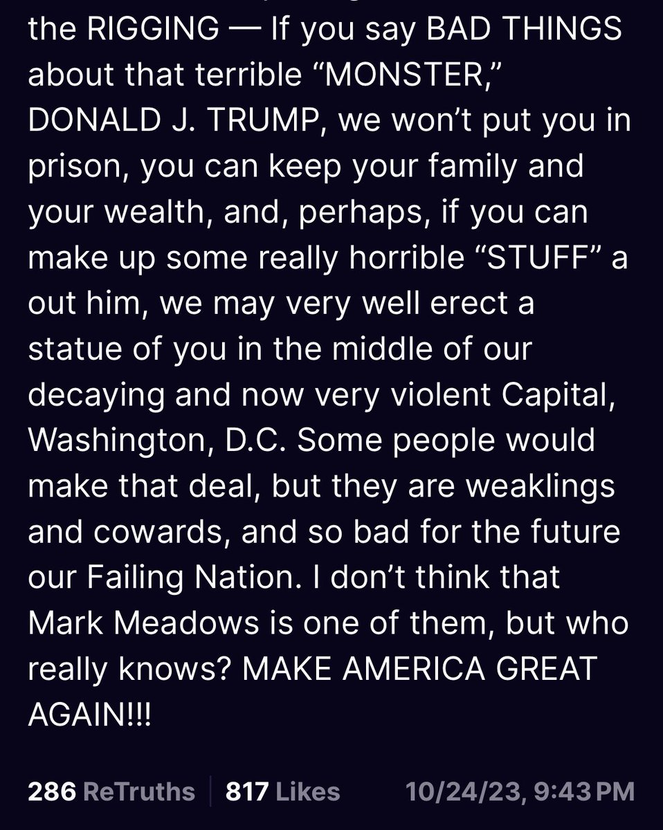 pattyeludwig's tweet image. And he's on a gag-order-breaking roll.  Now let's go for Meadows in the Federal case! Yep, he definitely wants to go to jail, asap please. #witnessintimidation