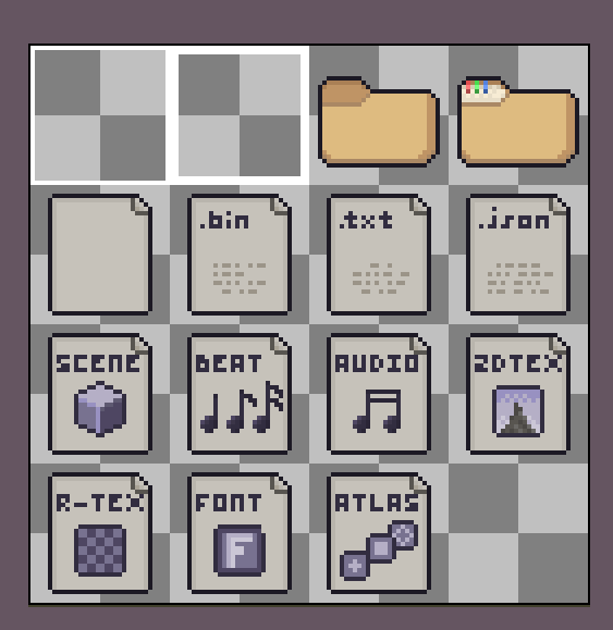 Started working on some asset icons for my engine. Prolly will change over time, some aren't made yet either but it's at least something. :D #pixelart