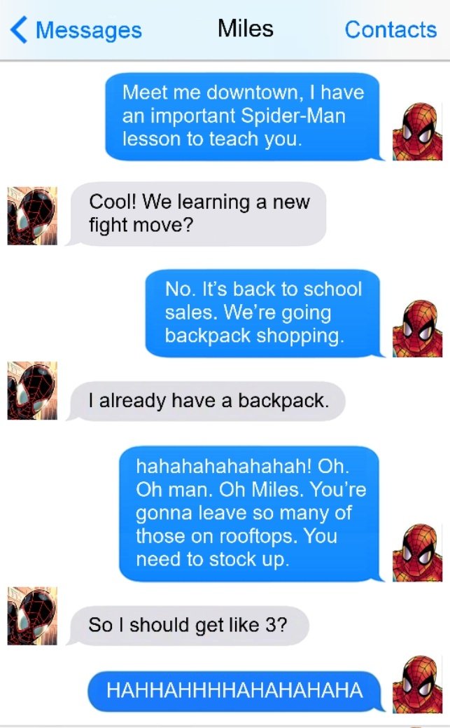 Spidey_pte's tweet image. Actual canon conversation between Insomniac Peter and Miles: