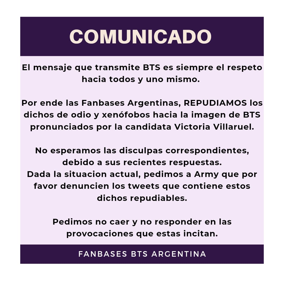 🚨COMUNICADO FANBASES BTS ARGENTINA🚨

Les pedimos que lean atentamente y nos ayuden con la difusión del mismo..
