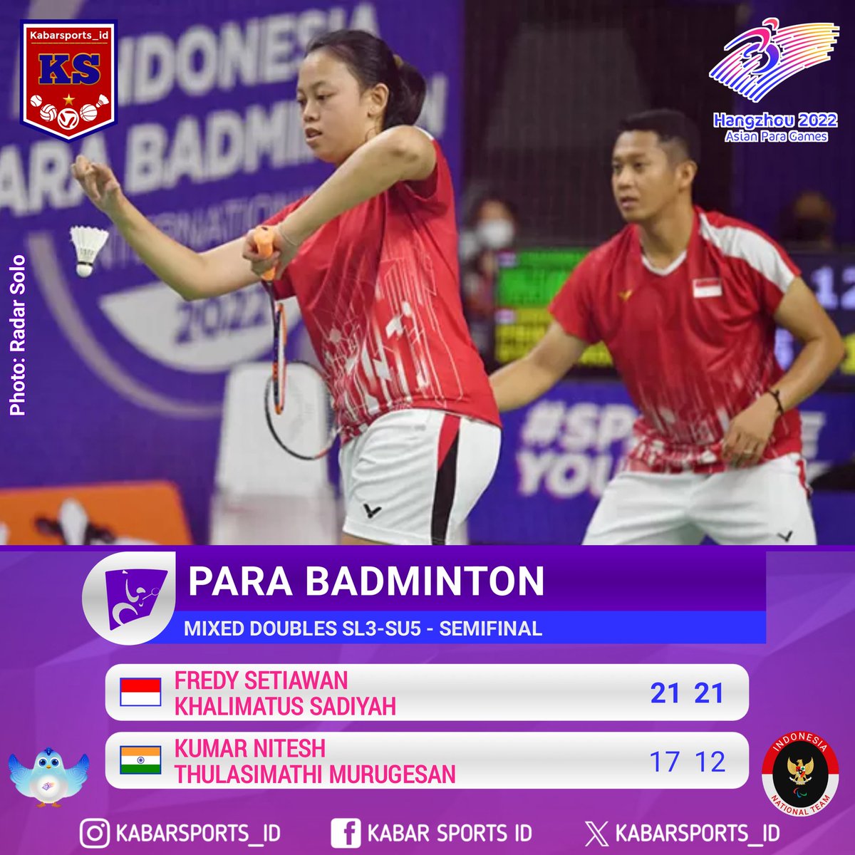 kabarsports_id's tweet photo. Result - Para Badminton
Asian Para Games 2022
All Indonesia Final Tercipta di Nomor Ganda Campuran SL3-SU5 ๐ฅ
#AsianParaGames #Hangzhou2022 #APG2022 #ParaBadminton #ParaJuara #NPCIndonesia #TimIndonesia #OlahragaIndonesia https://t.co/B3s9g0goqI