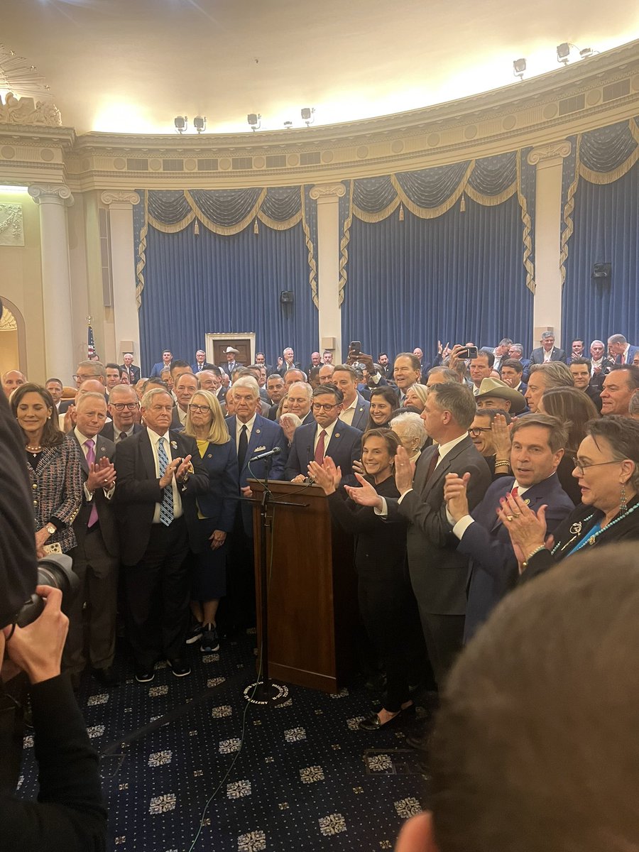 reesejgorman's tweet photo. JOHNSON celebrating with a lot of GOP members surrounding him.

“This House Republican Majority is united.” https://t.co/OkJf6F2Ans