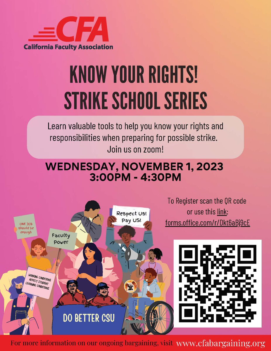 The @CFA_United Strike Vote authorization ends on Friday.  Please vote YES & then join us for Strike School!
#RaiseTheFloor #CFA4Faculty
#CFAlnBargaining
#RespectUsPayUS #DoBetterCSU
#Teaching4Justice