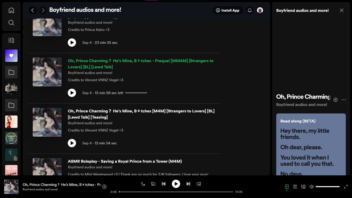 VNNZ16's tweet image. Heads up to Audio RP/ASMRtist friends, your content *might* be reposted to Spotify.

Saw a few names I recognize and... well...

Tag your friends if you see ones you're familiar with~

open.spotify.com/show/79sNLBgvV…