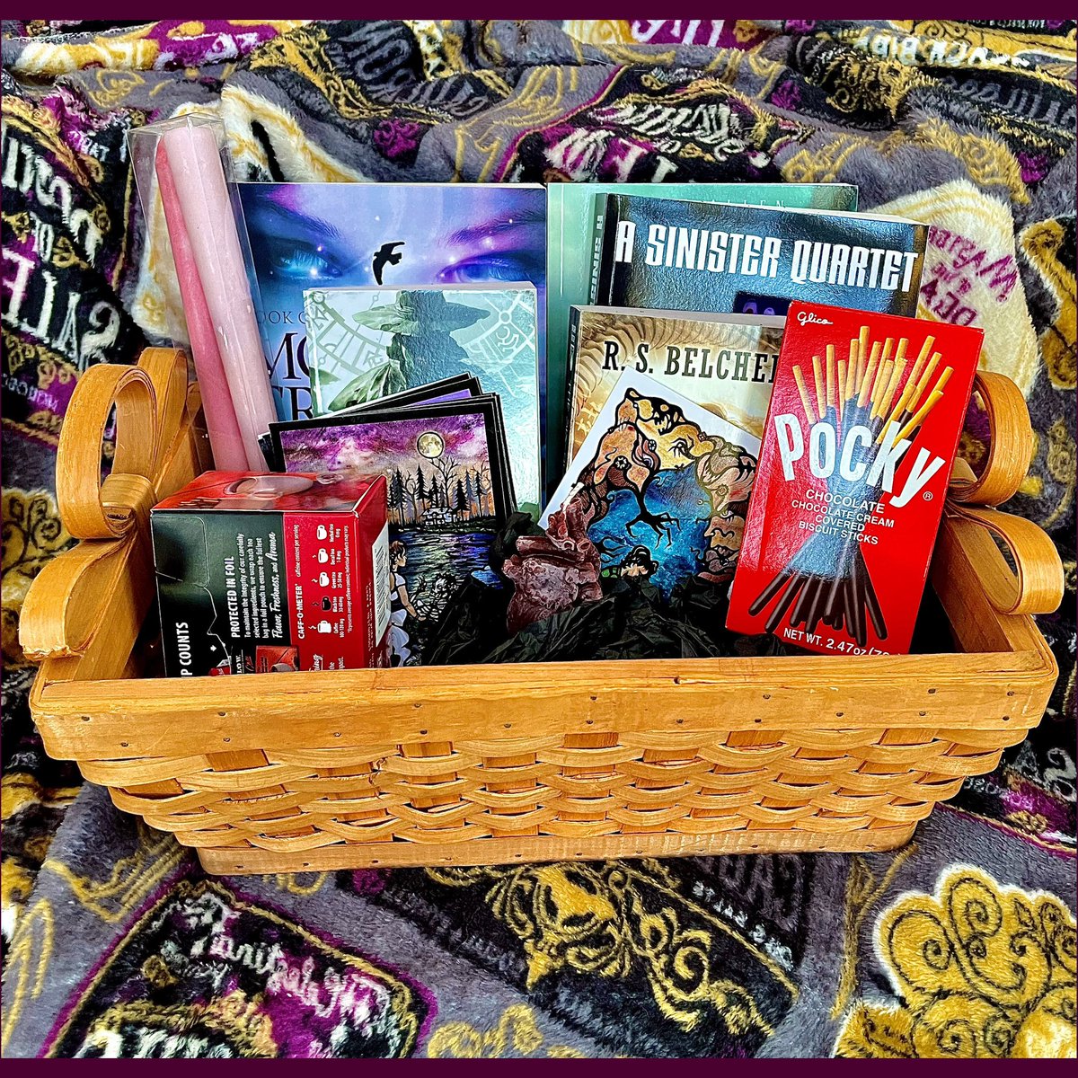 Here’s what’s in the basket: Novels THE SIX-GUN TAROT and THE SHOTGUN ARCANA, signed by @AuthorRSBelcher; novel MOTHER OF CREATION signed by @skylit1; novel THE BLACK FIRE CONCERTO signed by me…