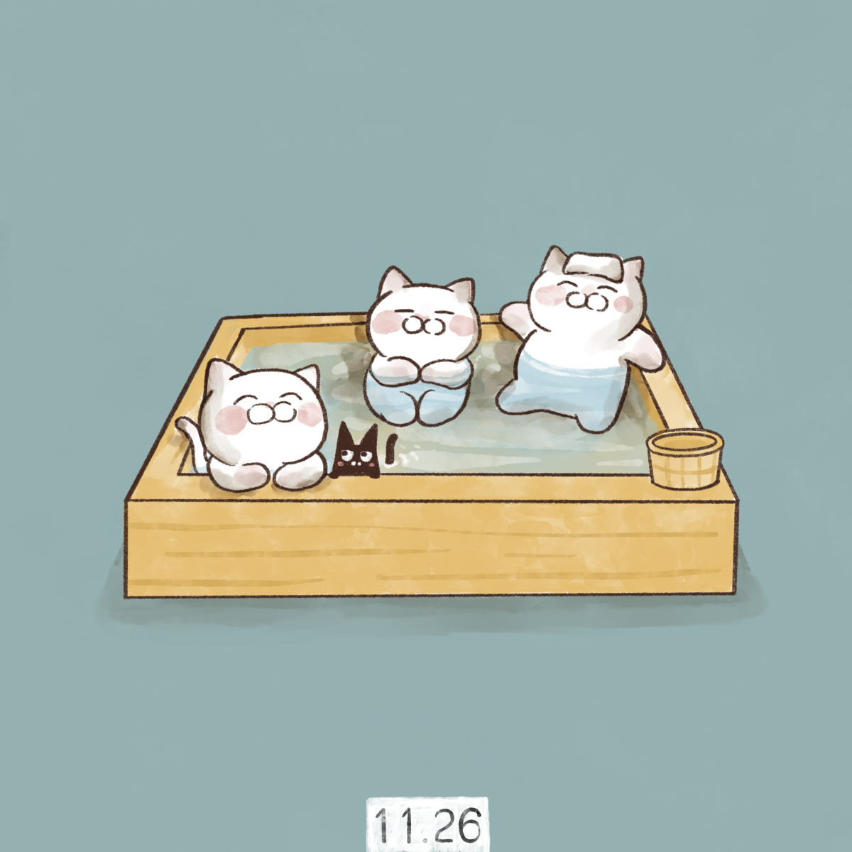 「11月26日【いい風呂の日】 い(1)い(1)ふ(2)ろ(6)の語呂合せで、日本」|大和猫のイラスト