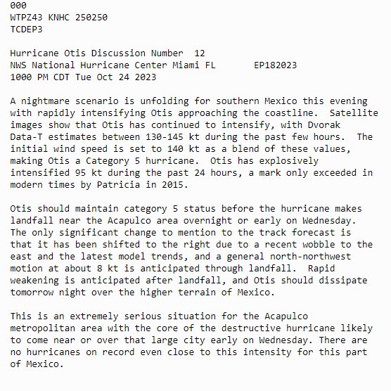 CC_StormWatch's tweet photo. This is one of the most chilling discussions ever written by the NHC. This truly is a nightmare scenario.

If you know someone in Acapulco, tell them they need to find a VERY strong building well above sea level, and have a helmet on overnight. #Otis https://t.co/b7mwlGVjPU