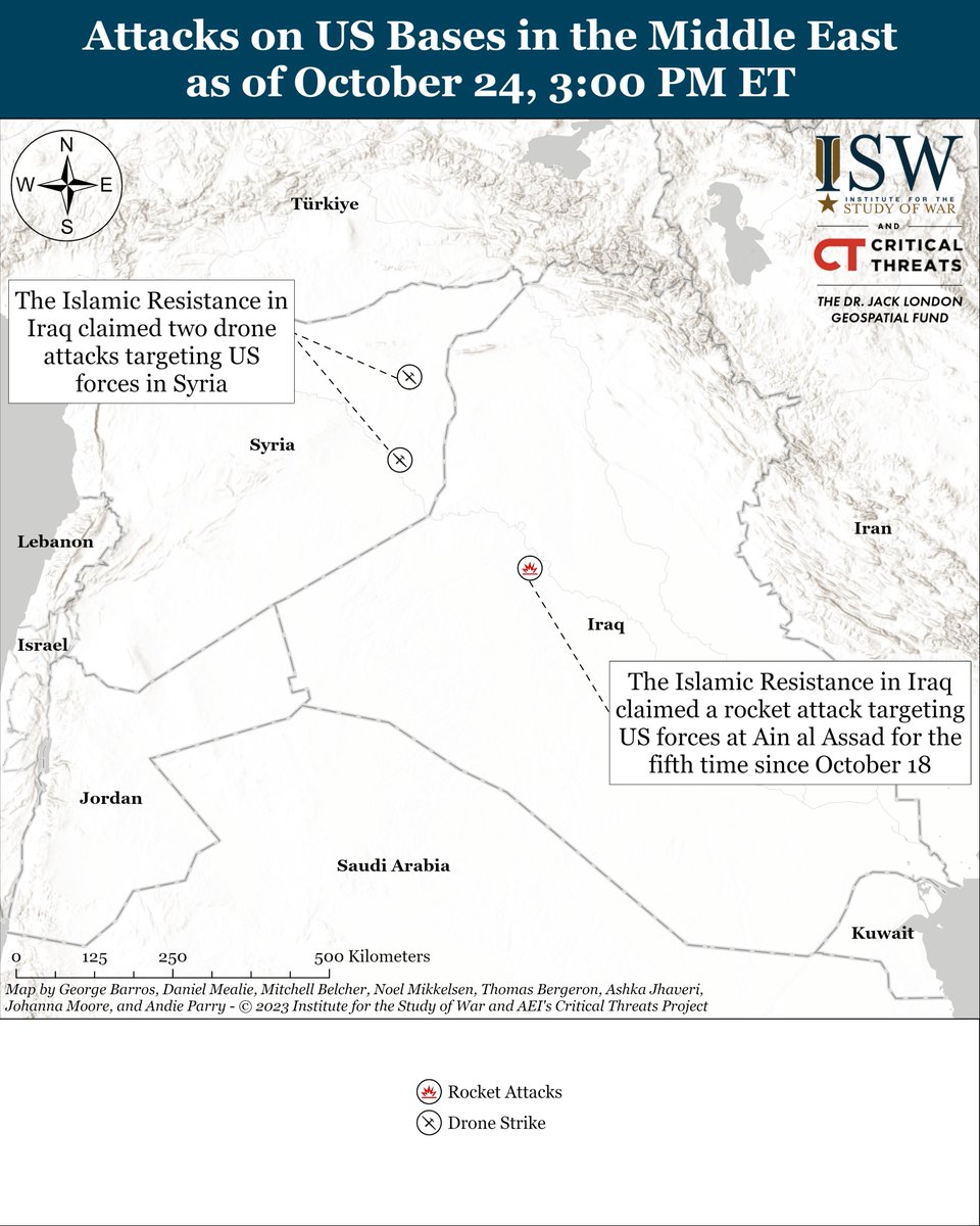 Iran and Axis of Resistance

The Islamic Resistance of #Iraq—a coalition of Iranian-backed Iraqi militias—has claimed daily attacks on US bases in Iraq and #Syria since October 18. These attacks are part of the Iranian-led effort to deter the United States from providing