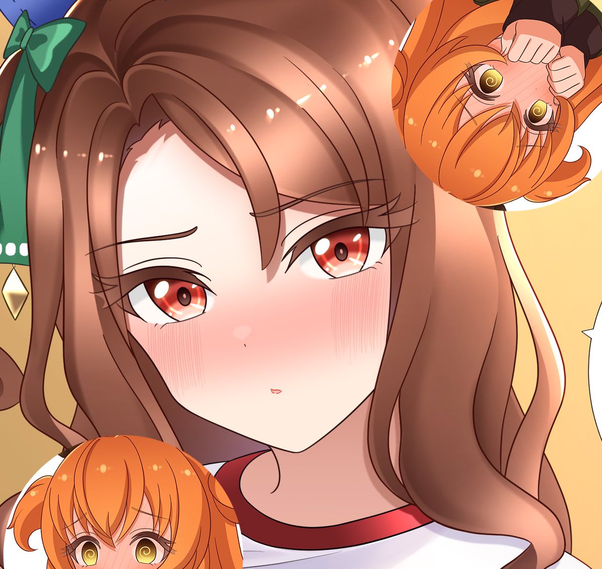 mayano top gun (umamusume) multiple girls animal ears horse ears orange hair blush 2girls brown hair  illustration images