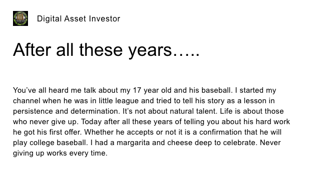 RayFuentesIO's tweet photo. ⚾️ @DigitalAssetBuy's son received an offer to play college baseball! He shared this wholesome update in his private group on https://t.co/hfR4kh1a2f. 

✨ The #XRPCommunity has been tuning into #DAI's genuine content for years now. Ever since his son was playing Little League... 

🎯 Retagging my post to @ElonMusk in an attempt to reinstate the @X account of our Margarita-Loving-Leader. This is the type of content that we deserve to see!
