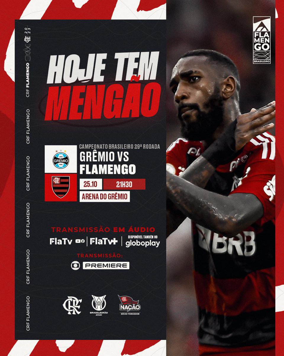 Flamengo's tweet photo. HOJE TEM MENGÃO NO BRASILEIRÃO! 

Às 21h30, o Mais Querido enfrenta o Grêmio, fora de casa! Vamos com tudo em busca dos três pontos! 

#GRExFLA #VamosFlamengo https://t.co/6xC9FipN5u