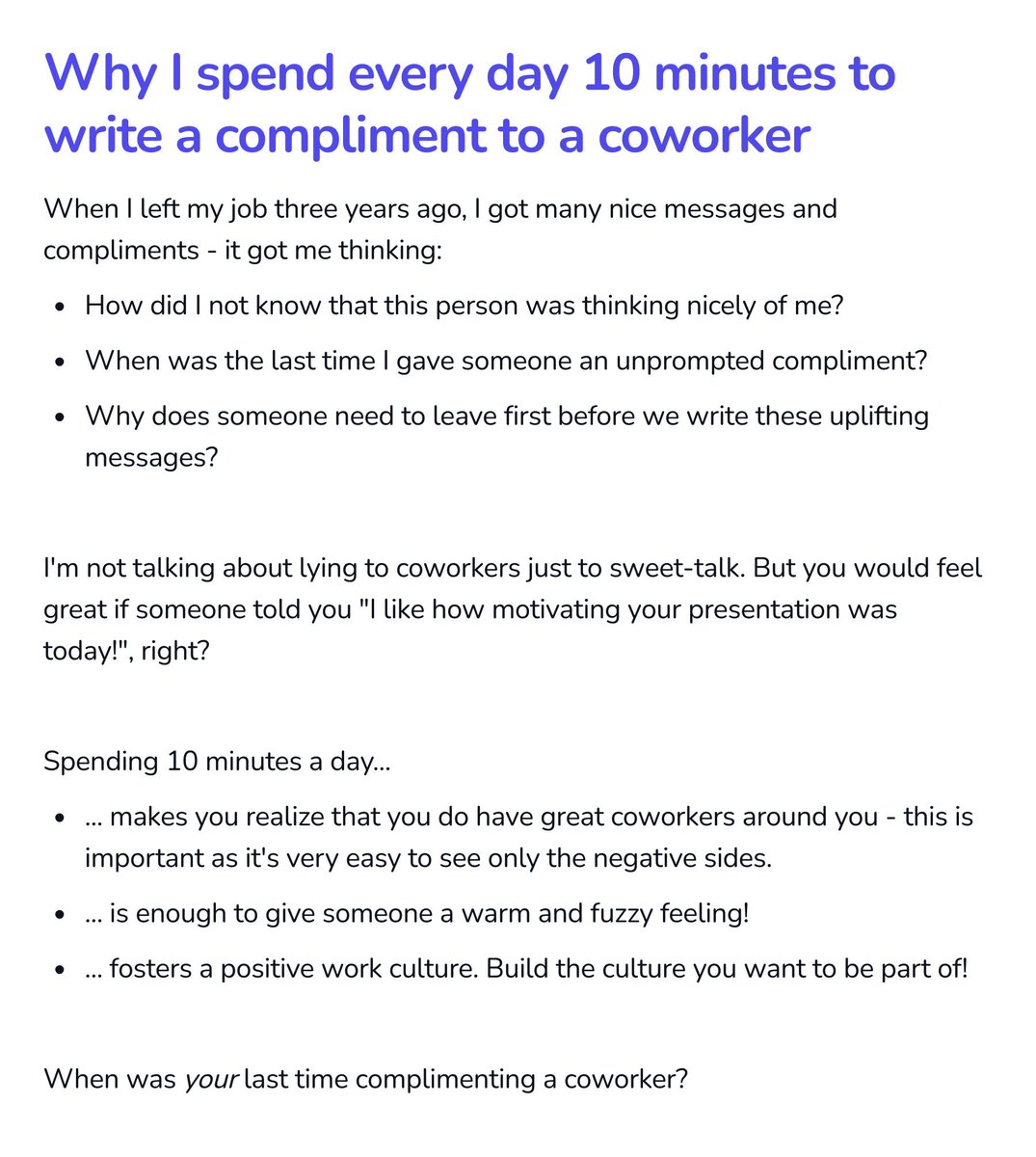 binarybias_'s tweet photo. Why I spend every day 10 minutes to write a compliment to a coworker - and why you should too! https://t.co/DgBQos2xnS