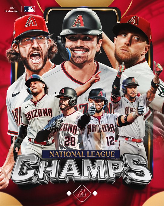 National League Champs: Arizona Diamondbacks Pictured: Cutouts of Zac Gallen, Corbin Carroll. Merrill Kelly, Alek Thomas, Tommy Pham, Lourdes Gurriel Jr. and Ketel Marte in various different action poses. They all wear road gray D-backs uniforms with black and red lettering. Clinches presented by Budweiser