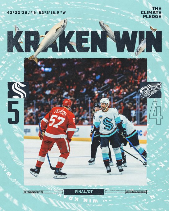 End of period graphic with an ice blue gradient background. The arena coordinates and The Climate Pledge logo are along the top of the graphic in blue lettering.An image of game action is overlayed in the center of the graphic with fish circling the image. The opponent’s logo and Kraken logo are along the bottom of the graphic with end of the first period under them. The score is 5-4, OT.
