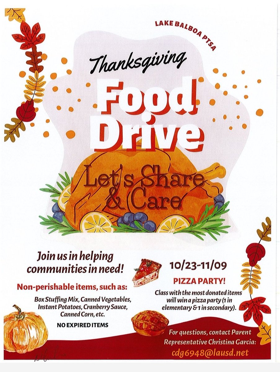 lakebalboaprep's tweet image. 📢 Lake Balboa #PTSA Food Drive now through Thursday, November 9th. The class with the most donated items will get a pizza party! (One elementary class and one secondary homeroom). #LAUSD #lakebalboa #fooddrive #community #pizzaparty