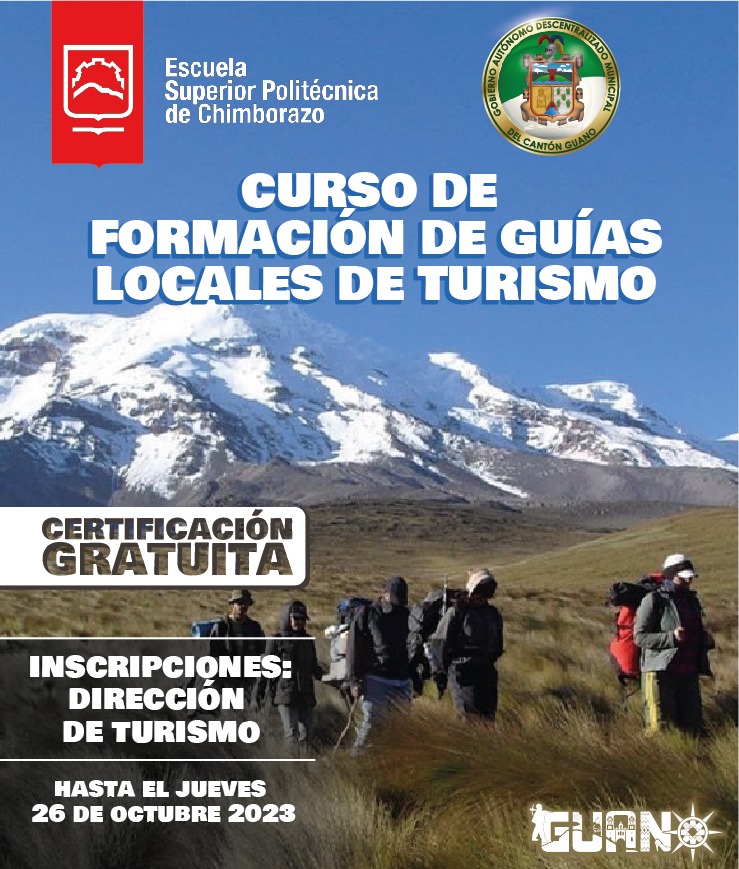 #turismo I Te invitamos al Curso de Formación de Guías Locales de Turismo en coordinación con la #ESPOCH y el Ministerio de Turismo.
Inscribete en la Dirección de Turismo (Museo de la Ciudad) hasta el jueves 26 de octubre de 2023 
#GuanoDelFuturo #GuiasLocales ##turísmosostenible