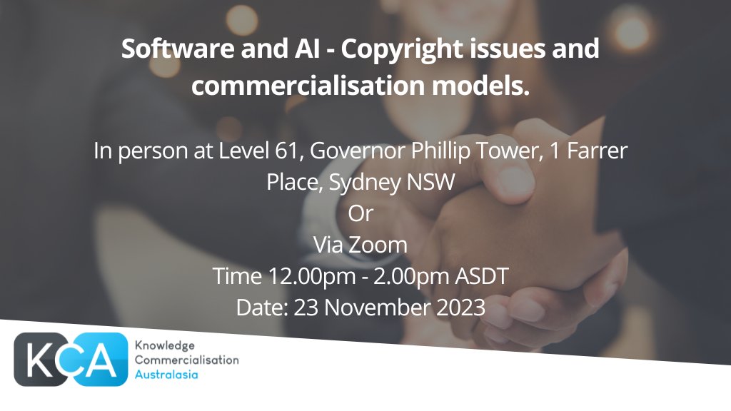 Join the experts from King & Wood Mallesons' as they present on copyright issues and commercialisation models for software and artificial intelligence. Thursday 23rd November 2023 from 12– 2pm AEDT. In-person in Sydney & online via zoom. More Details: techtransfer.org.au/events/softwar…