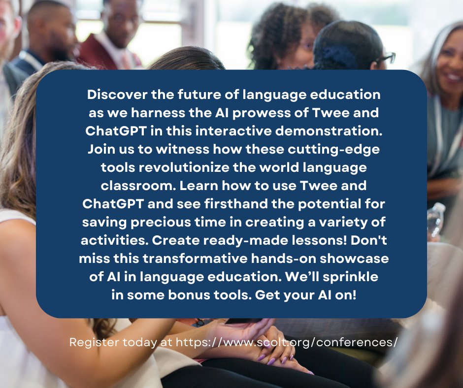 SCOLT ๐ (@_scolt_) on Twitter photo ๐ Ready to ride the AI ๐ค wave ๐๐ โจ?
Join us at #SCOLT2024 in Atlanta, GA | March 7-9 & dive into the incredible world of AI-powered language education #langchat, with a workshop sponsored by SEALTT facilitated by <a href="/nettzevo/">Nathalie</a> & <a href="/techMEWithyou/">Meredith E. White</a> ๐
๐ scolt.org/conferences/ ๐คฉ ๐ Ready to ride the AI ๐ค wave ๐๐ โจ?
Join us at #SCOLT2024 in Atlanta, GA | March 7-9 & dive into the incredible world of AI-powered language education #langchat, with a workshop sponsored by SEALTT facilitated by <a href="/nettzevo/">Nathalie</a> & <a href="/techMEWithyou/">Meredith E. White</a> ๐
๐ scolt.org/conferences/ ๐คฉ