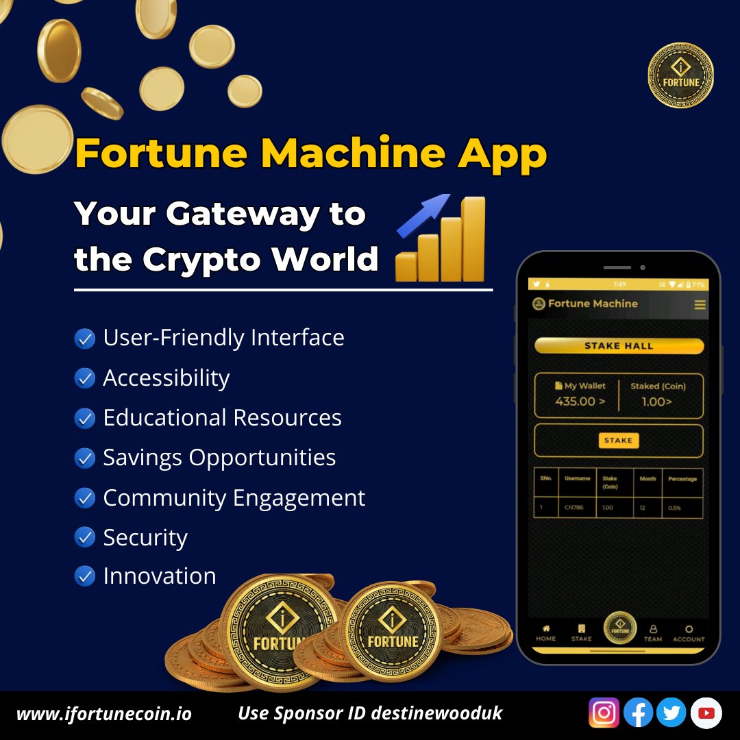 Experience the power of crypto in the palm of your hand! Fortune Machine's user-friendly app opens the doors to the world of digital assets for everyone. 
.
.
#FortuneMachine #CryptoForAll #FutureOfFinance #FinancialEmpowerment 
#Accessibility #Transparency #JoinUsToday
