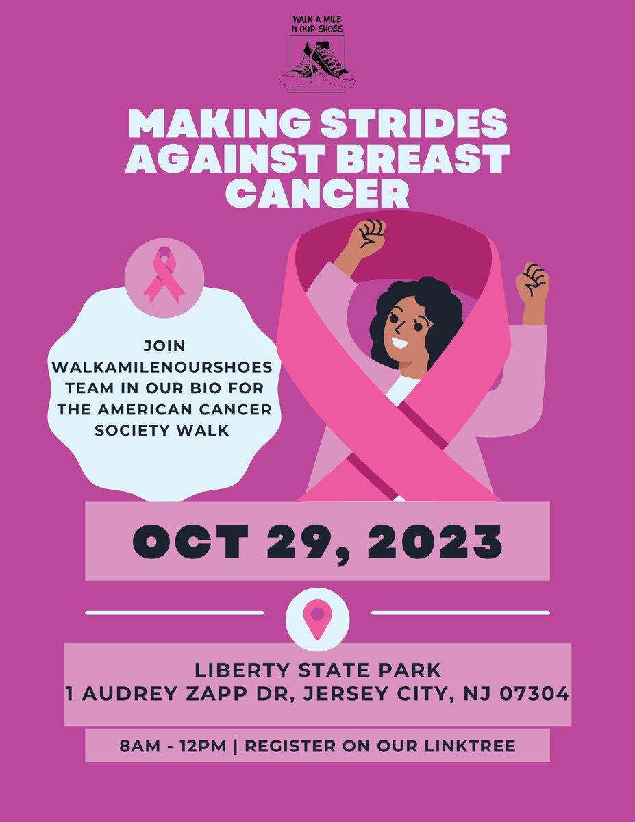 WalkAMileNRShoe's tweet photo. Pink October is not over yet! 🩷 Come and join the WalkAMileNOurShoes Family as we are participating in Making Strides Against Breast Cancer Walk hosted by the American Cancer Society. It will be held on Sunday, October 29th from 8am to 12pm at Liberty State Park in Jersey City, New Jersey. 

To sign up, our registration link is on our linktree in our bio under the WalkAMileNOurShoes Team!

LETS SHOW UP AND SHOW OUT WITH OUR BREAST CANCER AWARENESS T-SHIRTS!! We have them in three colors, Pink 🩷, White 🤍, and Black ��. ALL SIZES ARE AVAILABLE! 

We cannot wait to see everyone! 🩷