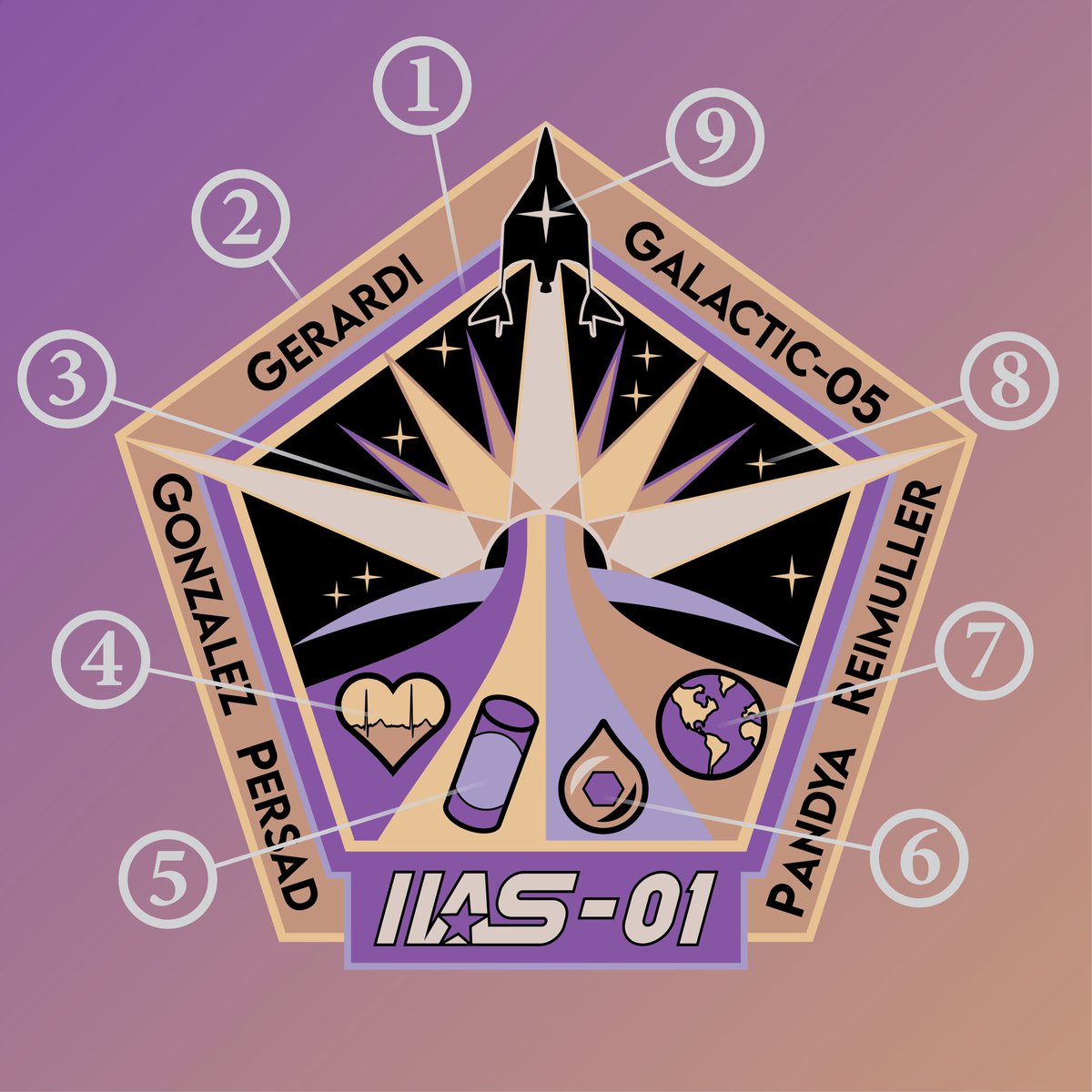 7: The globe represents the worldwide IIAS research community: Dr. Jason Reimuller, IIAS Founder

8: 8 stars are the colleagues &amp; family supporting <a href="/kelliegerardi/">Kellie Gerardi</a>’s spaceflight.

9: The star in the spaceship represents Kellie Gerardi, the first IIAS Researcher to fly into space!