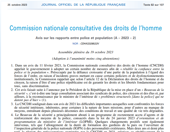 #JORF
L'avis de la #CNCDH sur les rapports entre police et population vient de paraître au Journal Officiel 
#violencespolicieres #police #FDO #maintiendelordre
legifrance.gouv.fr/jorf/id/JORFTE…