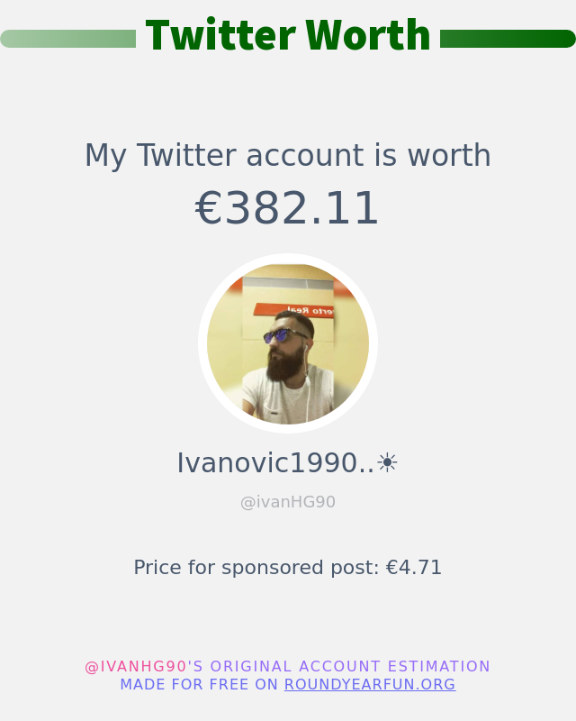 ivanHG90's tweet photo. Mi valor en Twitter es de: €382.11

➡️ https://t.co/NqcuyHhMZf https://t.co/y2XHSlyICL
