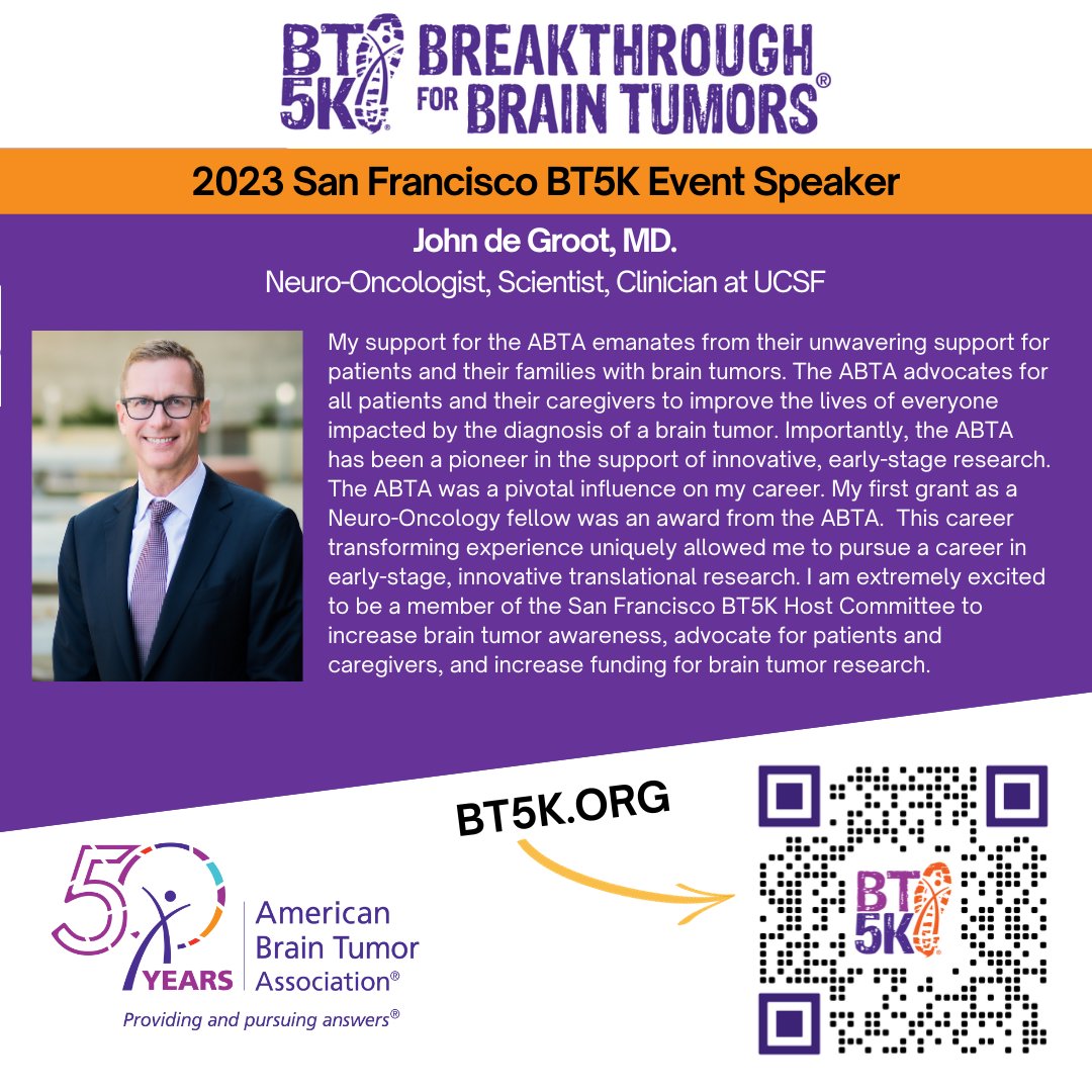 On behalf of @theABTA, we are delighted to have @J_deGrootMD as a speaker during our 2023 San Francisco #BT5K at Lake Merced on 11/4!

give.abta.org/event/2023-bt5…

#braintumor #braincancer #brainmets #breakthroughs #research #BTSM #neurotwitter #neurooncology #neuroscience