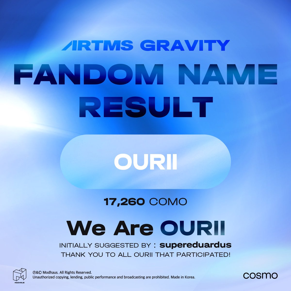 orrery_nim's tweet image. #ARTMS fandom name vote/Gravity has ended

The winning name is #OURII

Results: