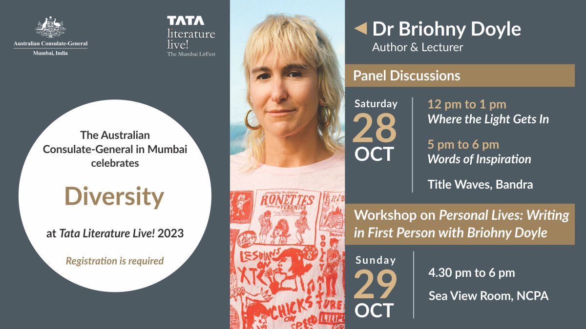 Fantastic to have 🇦🇺 author of Miles Franklin nominated novel <a href="/BriohnyDoyle/">Briohny Doyle</a>, speaking at 🇮🇳’s @tatalitlive! A lecturer in creative writing at <a href="/Sydney_Uni/">University of Sydney</a>, Briohny will speak on a writer’s journey of loss, pain &amp; redemption, 📚that shaped her work &amp; how to write in first person.