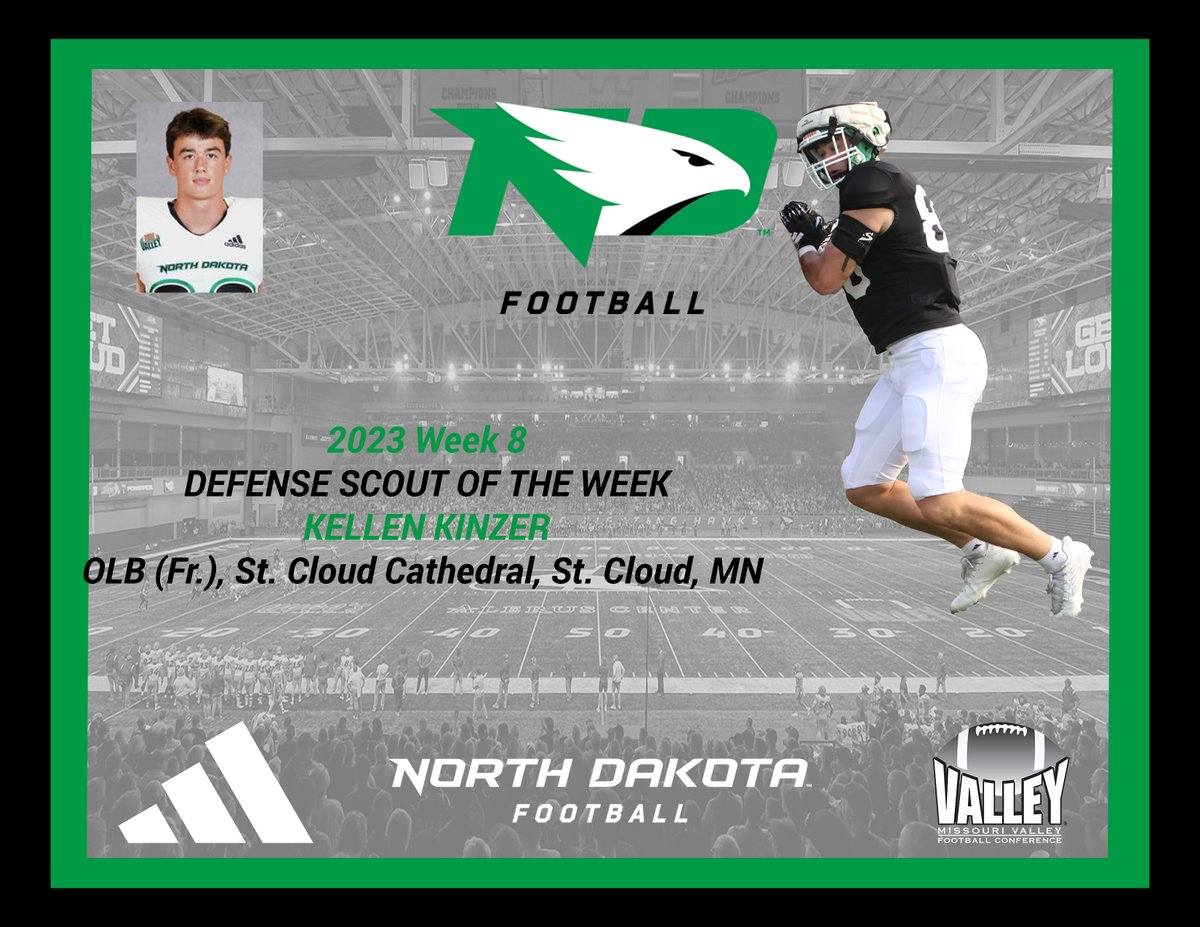 Lots of great efforts contribute to Saturdays. Congrats to last week's Defense Scout of the Week, OLB Kellen Kinzer <a href="/KellenKinzer/">Kellen Kinzer</a> out of St. Cloud Cathedral <a href="/CathedralFB/">Cathedral Crusaders Football</a> in St. Cloud, MN! Kellen is a repeat winner! #DayByDay #UNDProud