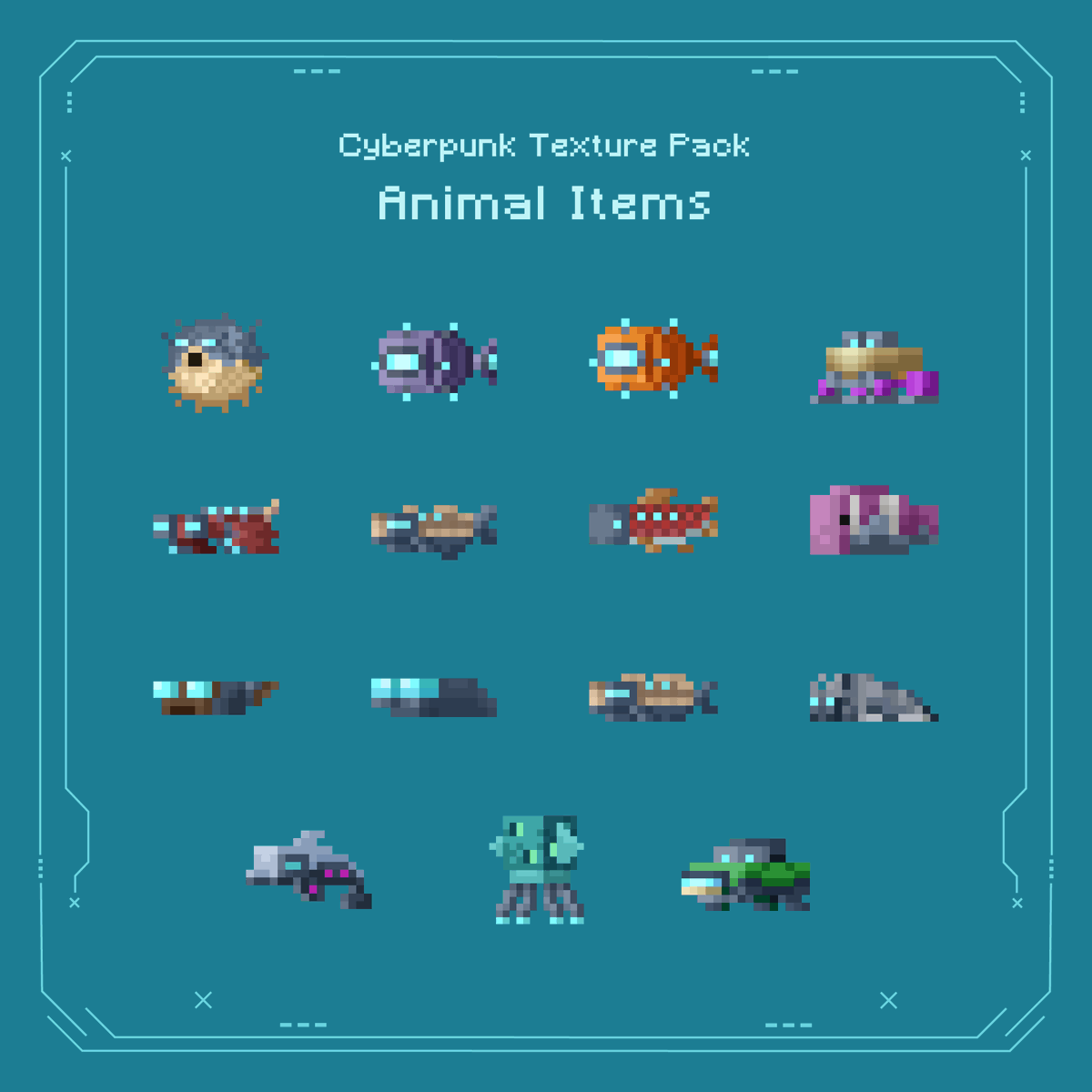 ora_tron_design's tweet photo. Anything above the ocean 🌊🪸

Here's @Minecraft Animal Items from Cyberpunk Texture Pack - part 3 🐡🪼

#OraTronDesign #minecraft #pixelart #minecraftitems #minecraftentity #animal #animalpixelart #cyberpunk #fish #squid #dolphin #turtle #silverfish #pufferfish #tadpole #salmon https://t.co/2s6smDjEeD