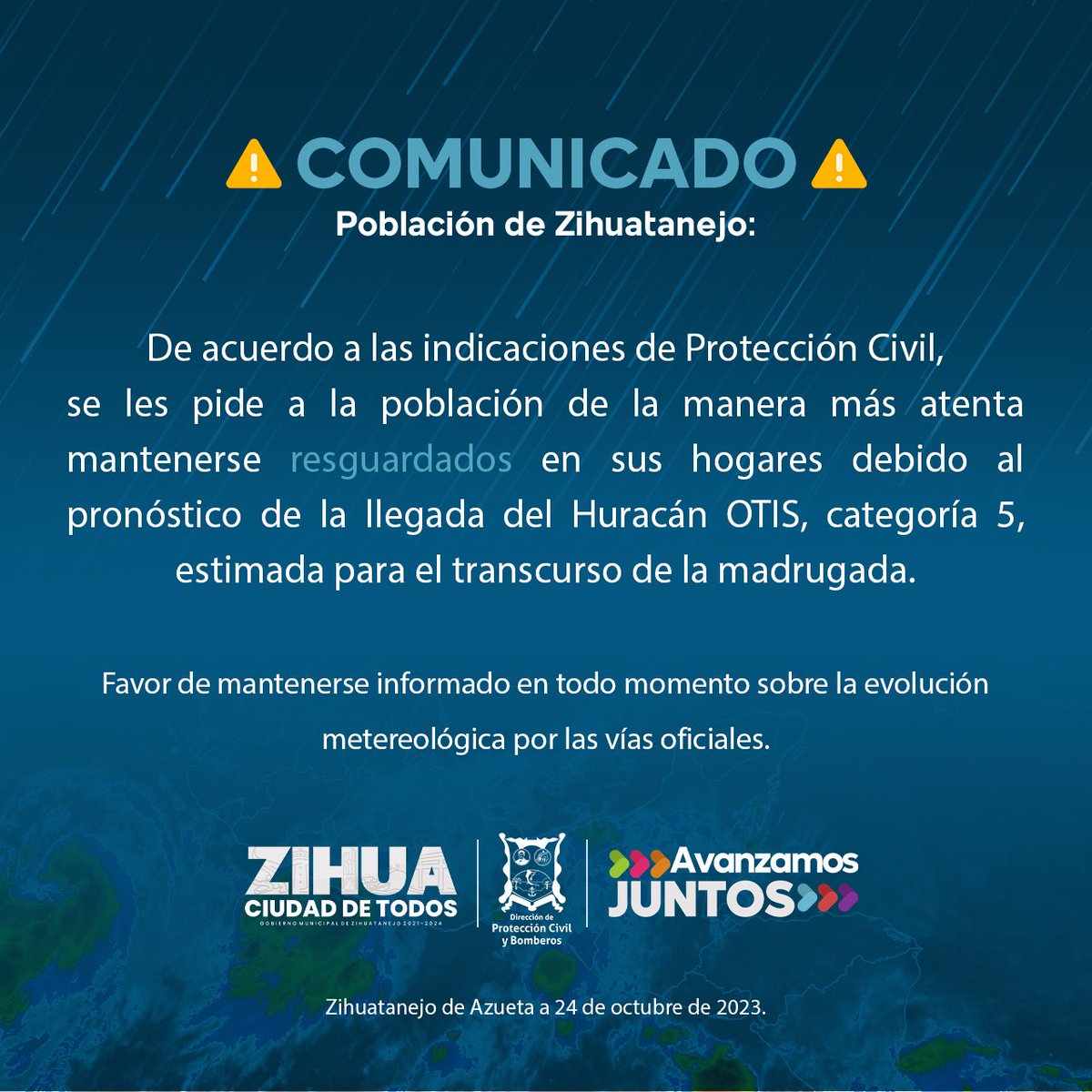 jorgexsa's tweet photo. Por favor, resguárdense en casa ante la llegada del Huracán OTIS y atiendan los avisos oficiales de Protección Civil https://t.co/srUeM4HLqO