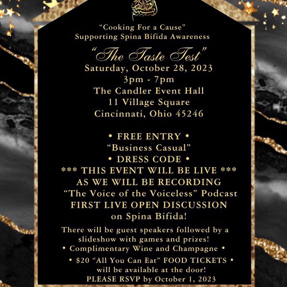 LekLek_513's tweet image. #SpinaBifidaAwarenessMonth 🟡 #CookingForACause #CincinnatiOH #BusinessCasual #DressCode #ComplimentaryDrinks 🥂