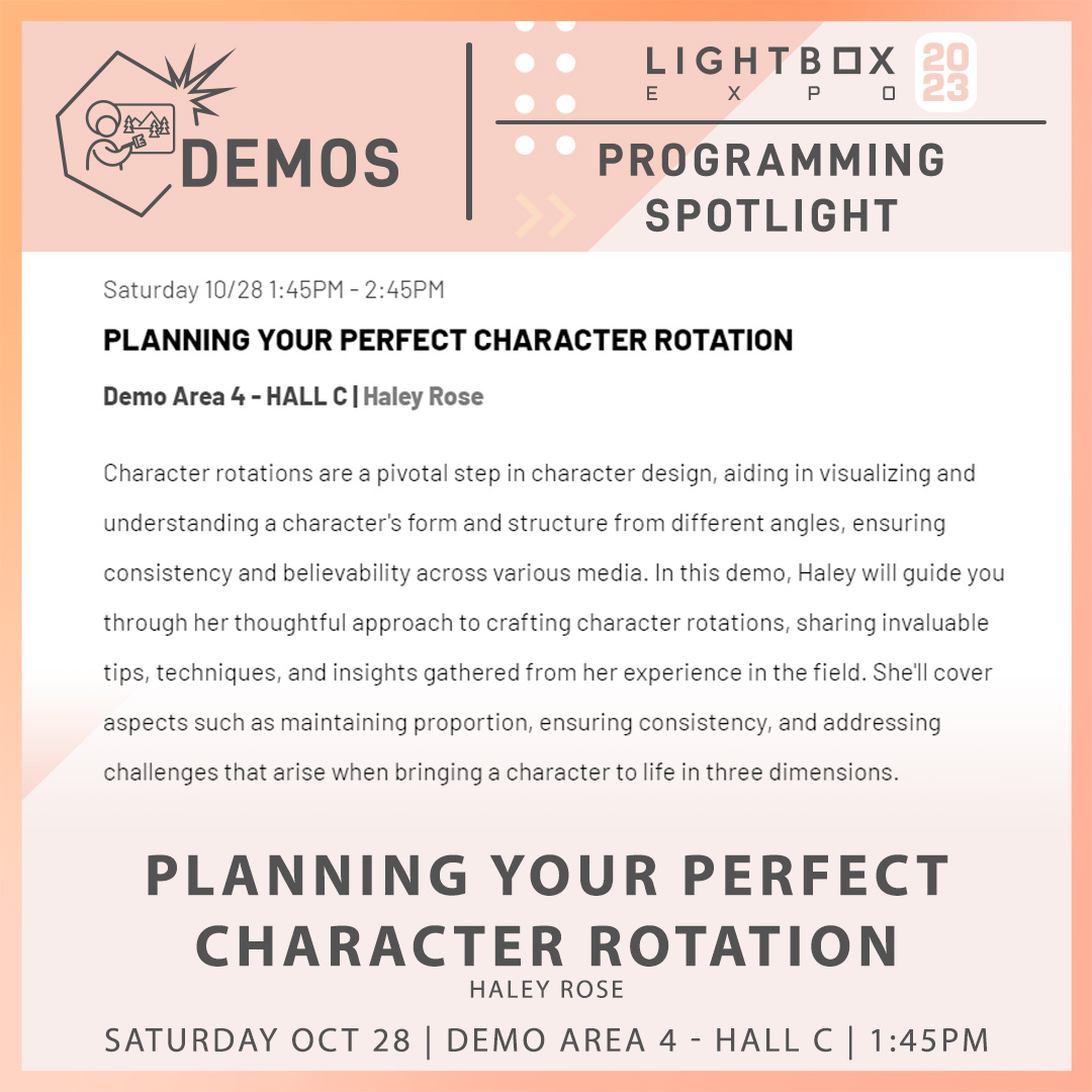 I'm doing a character design demo at @LightBoxExpo this weekend! Saturday at 1:45, demo area 4 in hall C! I'll be demonstrating how to design a character rotation, an essential skill for all character designers!