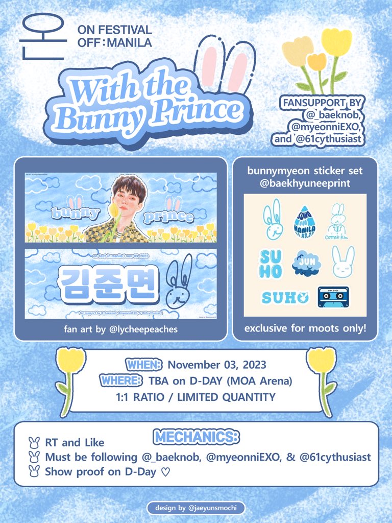61cythusiast's tweet photo. ˗ˋˏ°•꒰ ON FESTIVAL FAN SUPPORT PROJECT with the BUNNY PRINCE 🐰👑
╰─▸ by  @_baeknob, @myeonniEXO, &amp; @61cythusiast ꒱•°ˎˊ˗

🐰 rt &amp; like
🐰 exact location tba
🐰 strictly 1:1

#ONMusicFestival #ONFESTIVAL_SUHO
#ONMusicFestival_SUHO https://t.co/Z7o4TmoDvk