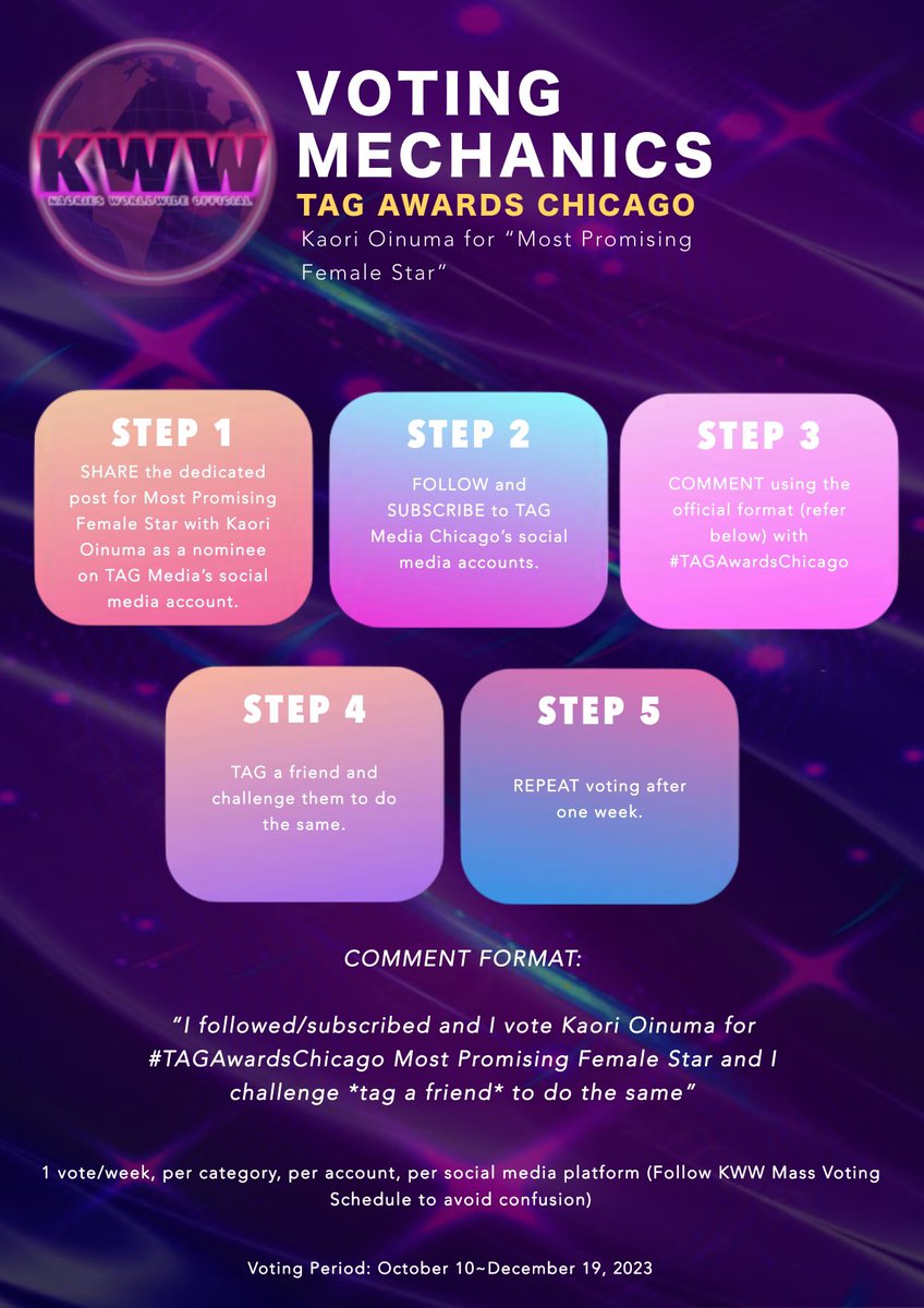KAORIESWWOFC's tweet photo. 🚨MASS VOTING SCHEDULE - WEEK 2 for TAG Awards Chicago 🌸 https://t.co/YfX3FPws15
