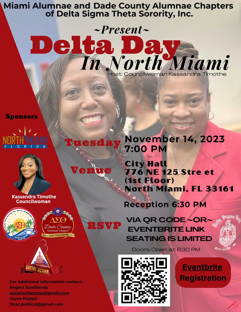 Miami Alumnae Chapter of Delta Sigma Theta Sorority , Inc. @DSTMiamiAlumnae And Dade County Alumnae Chapter of Delta Sigma Theta Sorority, Inc. Join Councilwoman Kassandra Timothe to present Delta Day in North Miami - Please Register to Attend