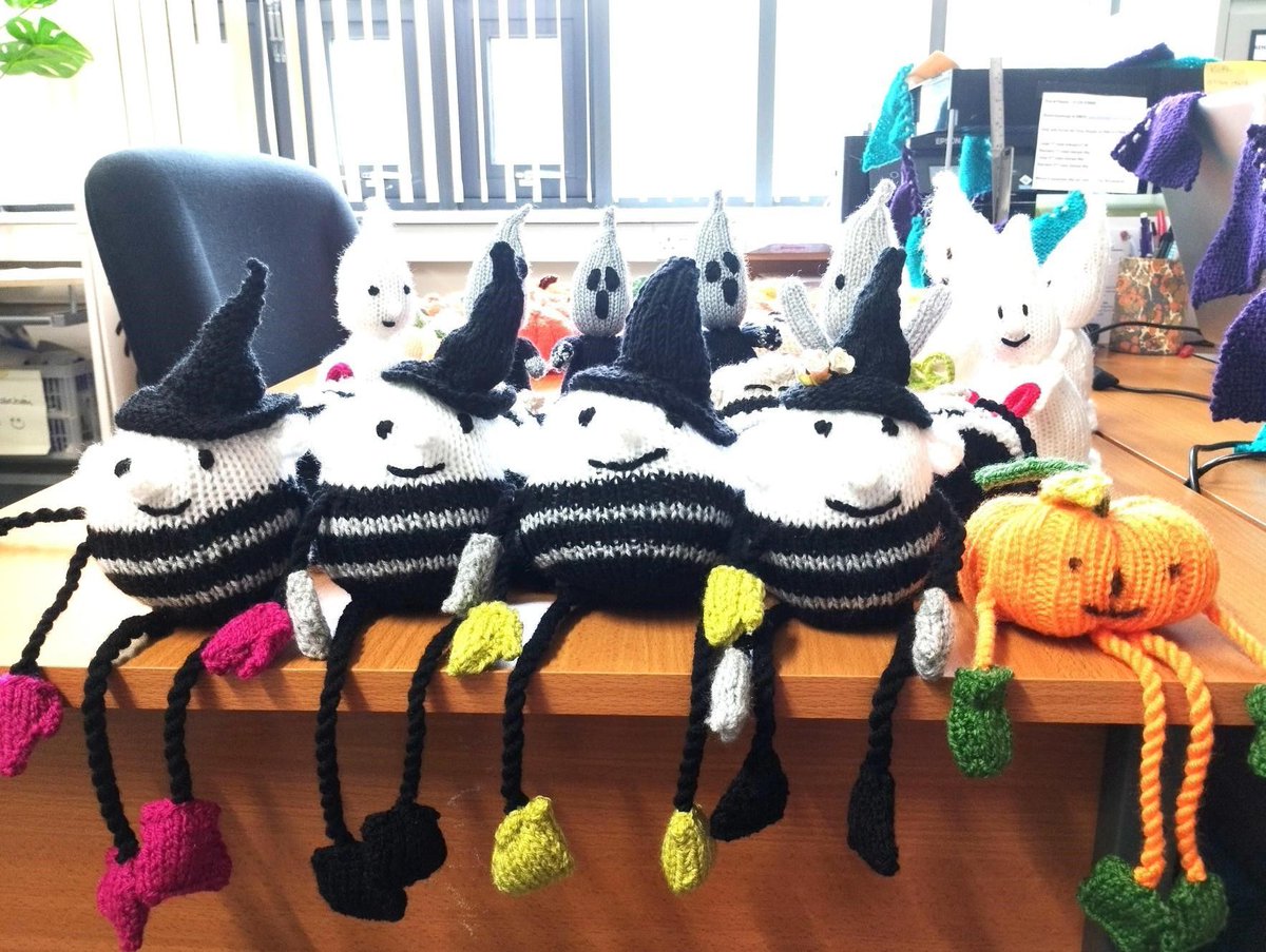 CARMRomneyMarsh's tweet photo. The CARM KnitWits have been busy!!! Look at the amazing Halloween table decorations they have created. We will be taking them along to the Marsh Network's Halloween themed quiz on 3rd November . #knitting #Halloween #tinypumpkin #pumpkin https://t.co/YG3prbvCAC