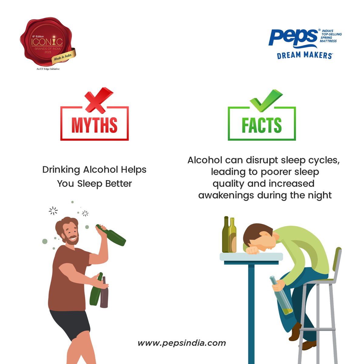 Debunking the myths around quality sleep….

Follow Peps Industries for more such interesting facts.

#Sleepmyths #Sleepfacts #sleep #qualitysleep #alcoholconsumption #peps #pepsindia #pepsmattress #pepssleepfacts #mythvsfact #mythsandfacts