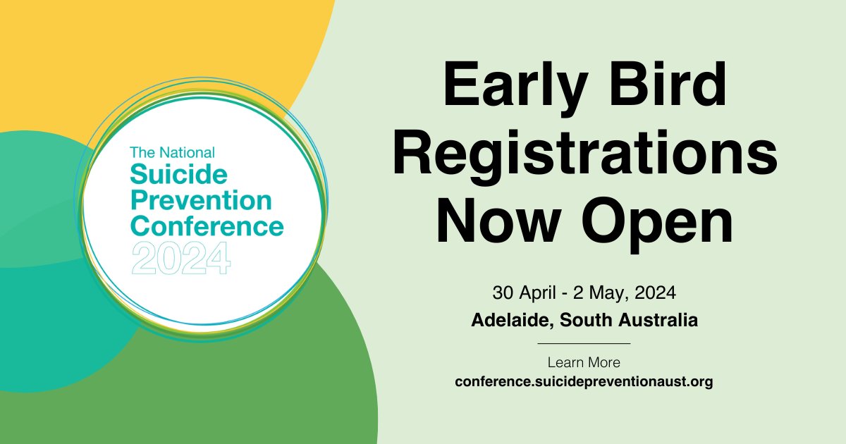 SuicidePrevAU's tweet photo. Registrations are now open for the 25th National Suicide Prevention Conference. A range of registration options are on offer, including Early Bird Discount on full registrations. Register today: https://t.co/X34YYr0blG https://t.co/2eH1bI3fCF