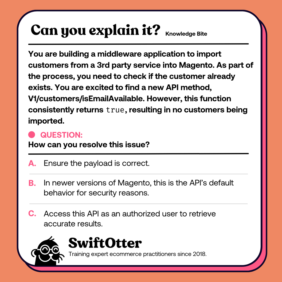 swiftotter_joe's tweet photo. We have another great question from @mageshishya this week.
How can you resolve this issue?
➡️ Reply with your answer and reasoning.
#swiftotter #magento #magentodeveloper #adobecommerce #weeklypracticequestion https://t.co/uca5okTTua