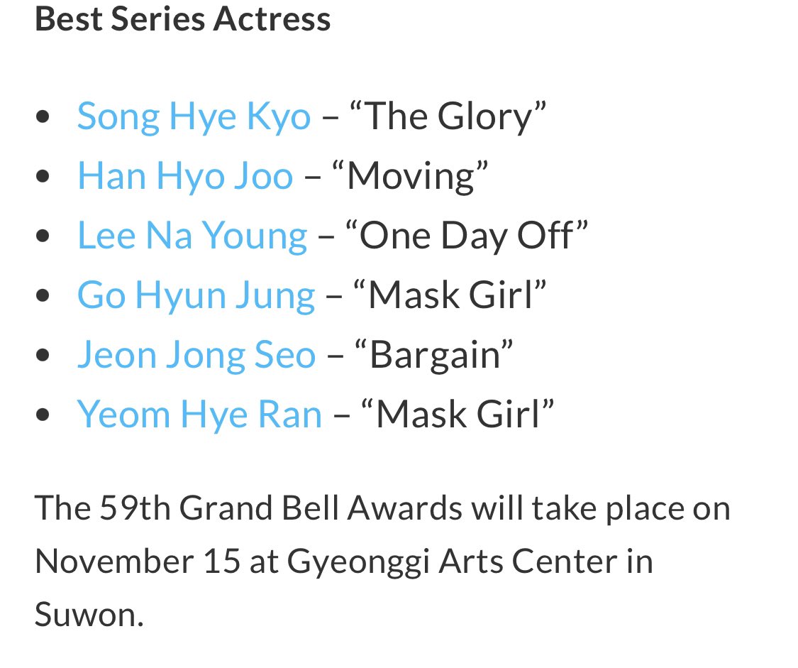 kohyunjungID's tweet photo. 59th Grand Bell Awards
Series Category Nominations

OHH MY FREAKING GODD🫨🫨🫨
GO HYUN JUNG!!! GO HYUN JUNG!!! GO HYUN JUNG!!! GO HYUN JUNG!!! GO HYUN JUNG!!! GO HYUN JUNG!!! GO HYUN JUNG!!! GO HYUN JUNG!!! 

#고현정 #gohyunjung #kohyunjung #59thgrandbellawards https://t.co/eKQehQDaUZ
