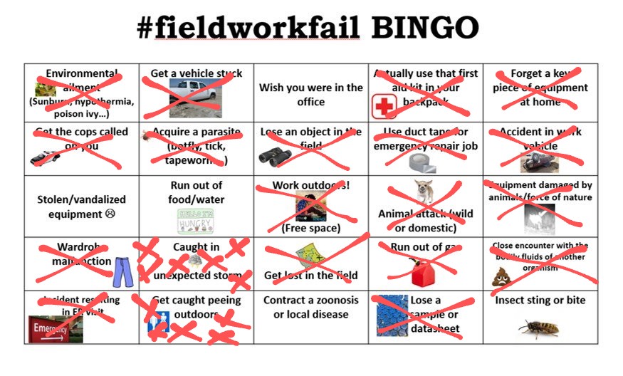 Zobat6's tweet image. 2 bingos!

They need a square on here for &quot;peeing in a bag&quot; bc that happened pretty often 😅 or maybe &quot;getting chased out of a campsite by something potentially supernatural&quot; bc that has also happened to me #fieldworkfail