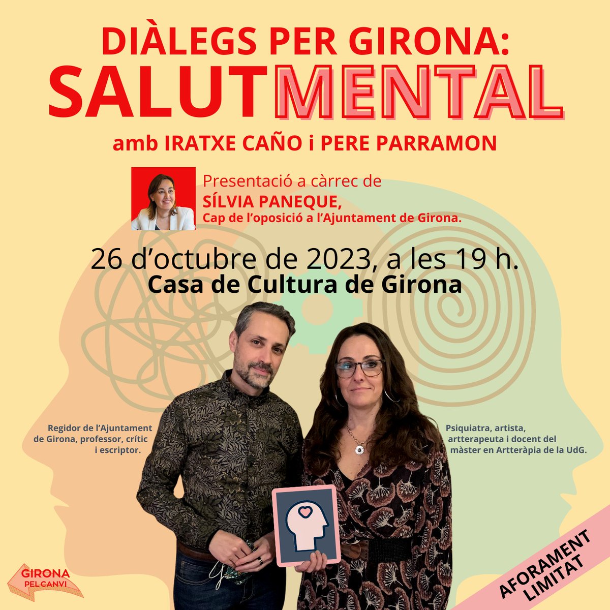 Aquest dijous, 26 d'octubre, a les 19 h i a la <a href="/casadeculturagi/">Casa Cultura Girona</a>: el primer dels diàlegs organitzats per Girona pel Canvi, en aquesta ocasió dedicat a la Salut Mental. Amb presentació de <a href="/SilviaPaneque/">Sílvia Paneque</a>, dialogarem Iratxe Caño i <a href="/ParramonPere/">Pere Parramon Rubio</a>. Us esperem!