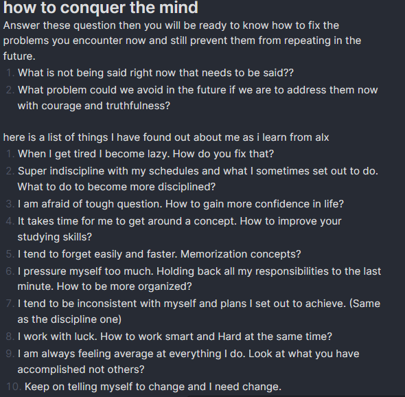 The journey of alx has really shown a part of me that i have been ignoring all through my life until now.

Some of them am still working on them.
Any ideas or best practice to do i highly apricate.
<a href="/jbarbier/"></a> <a href="/builtbyfranklin/">franklin</a> @Mssophia_ <a href="/alx_africa/">ALX Africa</a> <a href="/facesofalxse/">Faces of ALX SE</a>