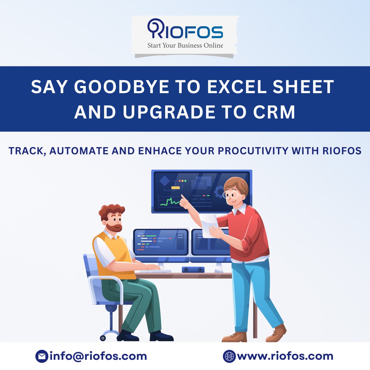 RiofosTech's tweet photo. Are you tired of juggling multiple Excel sheets to manage your business? Do you want to streamline your workflow and boost your productivity? If yes, then you need Riofos, the ultimate CRM solution for your needs. Riofos helps you track, automate, and enhance your business. https://t.co/7beEnt2M9a