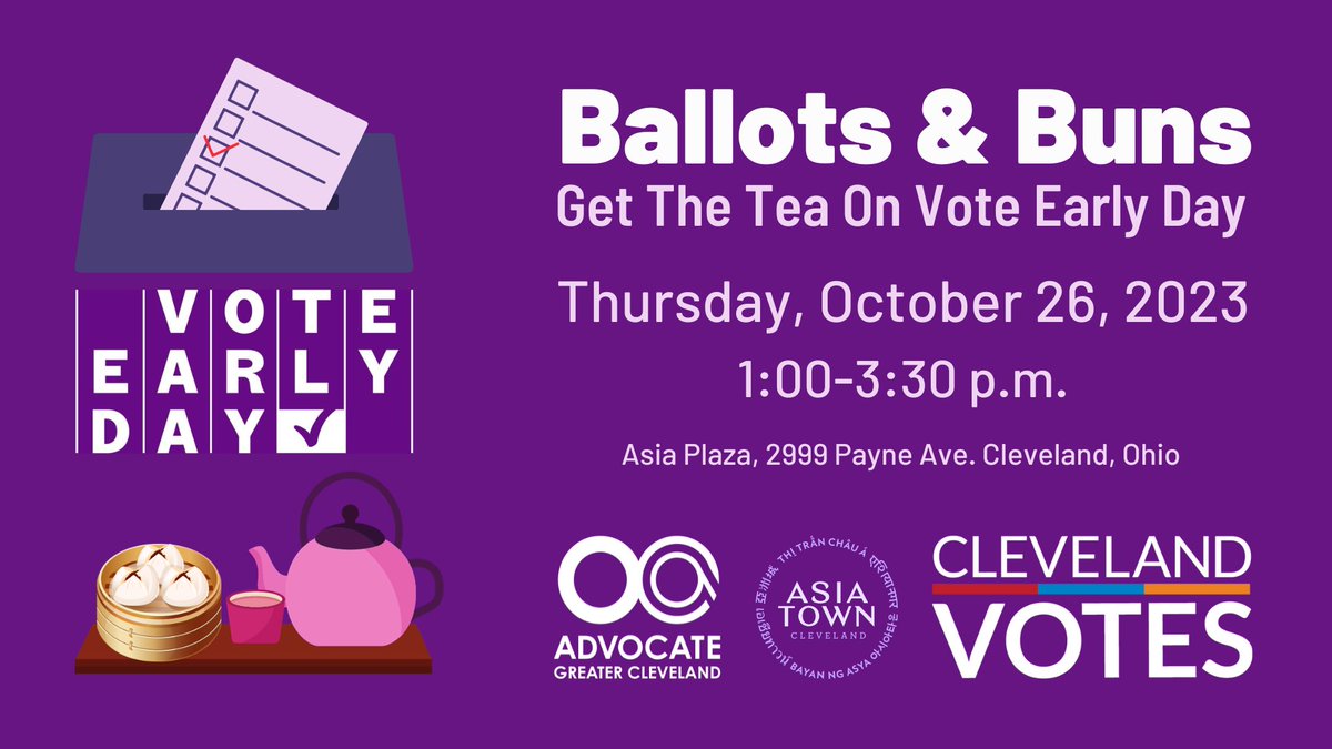 OCACleveland's tweet photo. Join us for a FREE Bun and a cup of tea, learn about your voting early options, and celebrate with us on Thursday, October 26 for Vote Early Day!
Learn more at https://t.co/E5POFqnQUd
#VoteEarlyDay
#VoteEarly
#VoteReady
#CLEready
#ACEtheVote https://t.co/zdulKIYIkJ