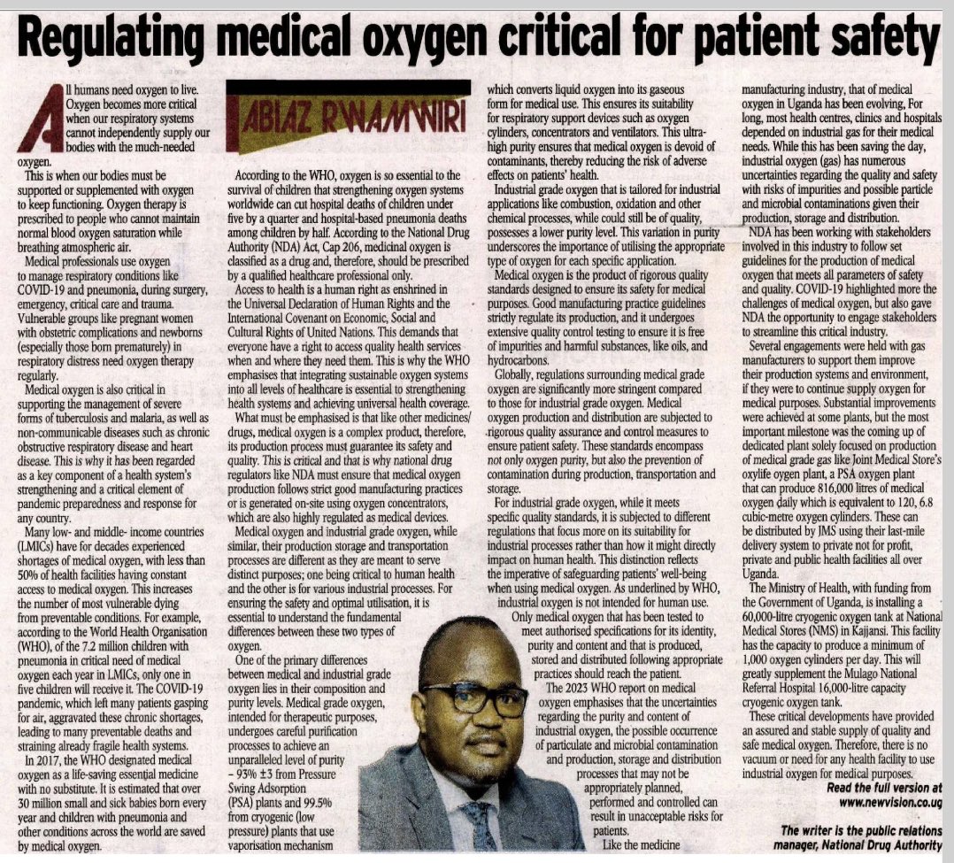 In today’s @newvisionwire, our PR Manager @AbiazRwamwiri shares critical need of regulating Medical Oxygen. We have been working with stakeholders involved in this industry to follow set guidelines for production of medical oxygen that meets all parameters of safety & quality.