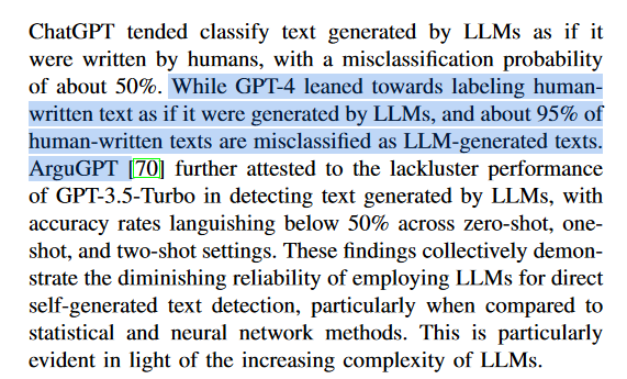 Reminder that there is no current way (and is unlikely to be a future way) to detect AI-generated content. And AI detectors all have high false positive rates. One thing I have seen teachers do is ask ChatGPT whether AI wrote something. Don't do that👇👇arxiv.org/pdf/2310.14724…